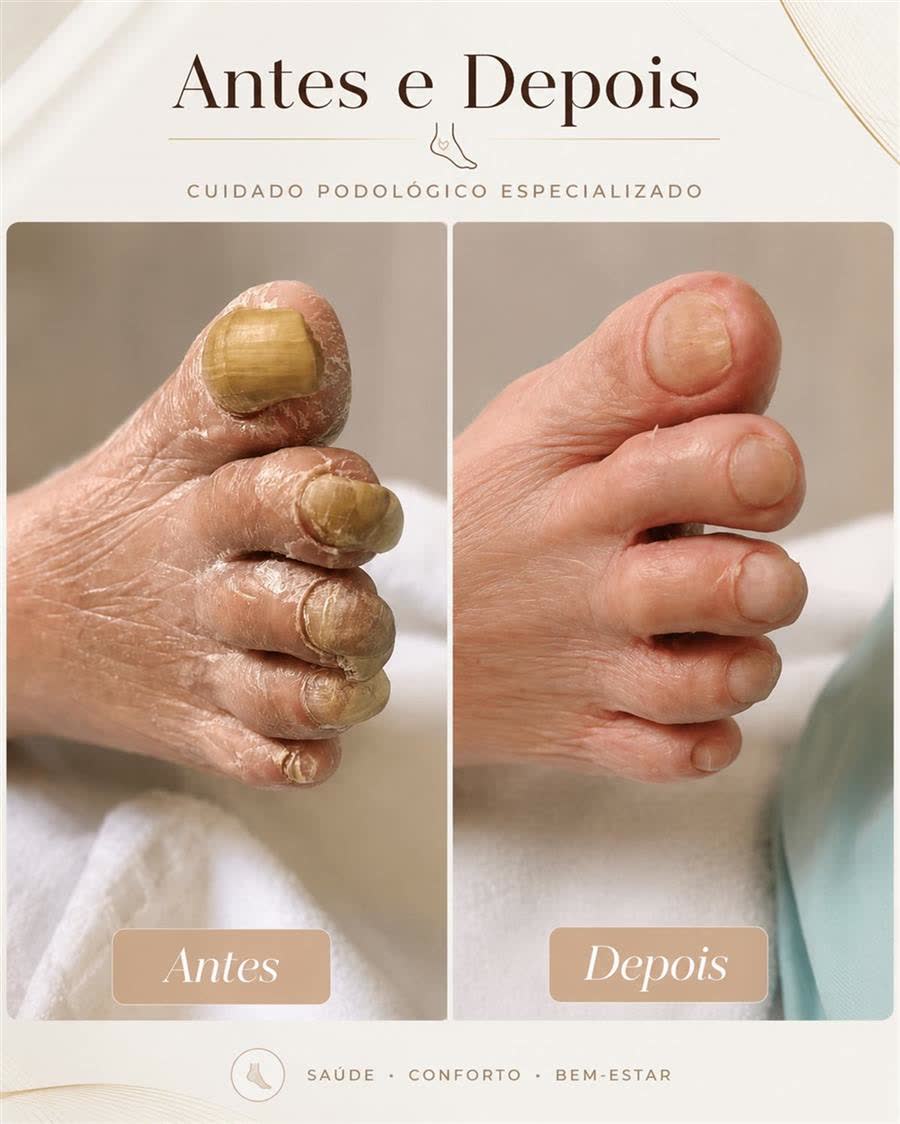 Antes e depois do atendimento podológico do Sr. Juca, 107 anos, com melhora estética e cuidado técnico das unhas